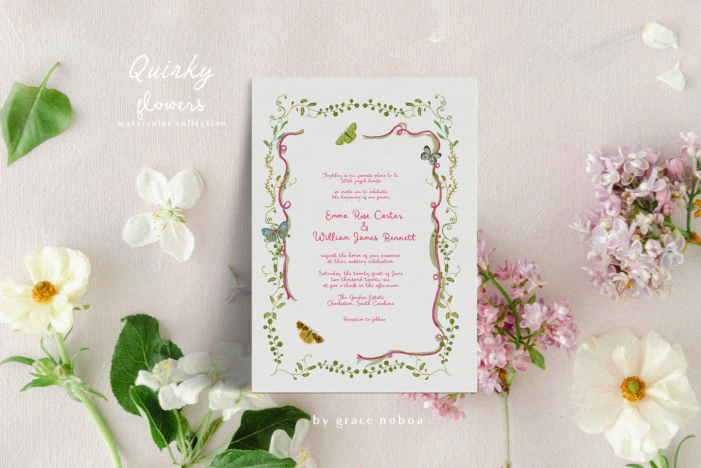 Watercolor quirky and whimsical summer spring flowers for fun and colorful stationary