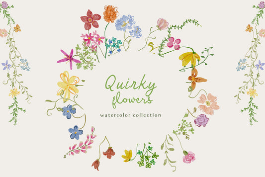 Hand-drawn watercolor quirky whimsy flowers