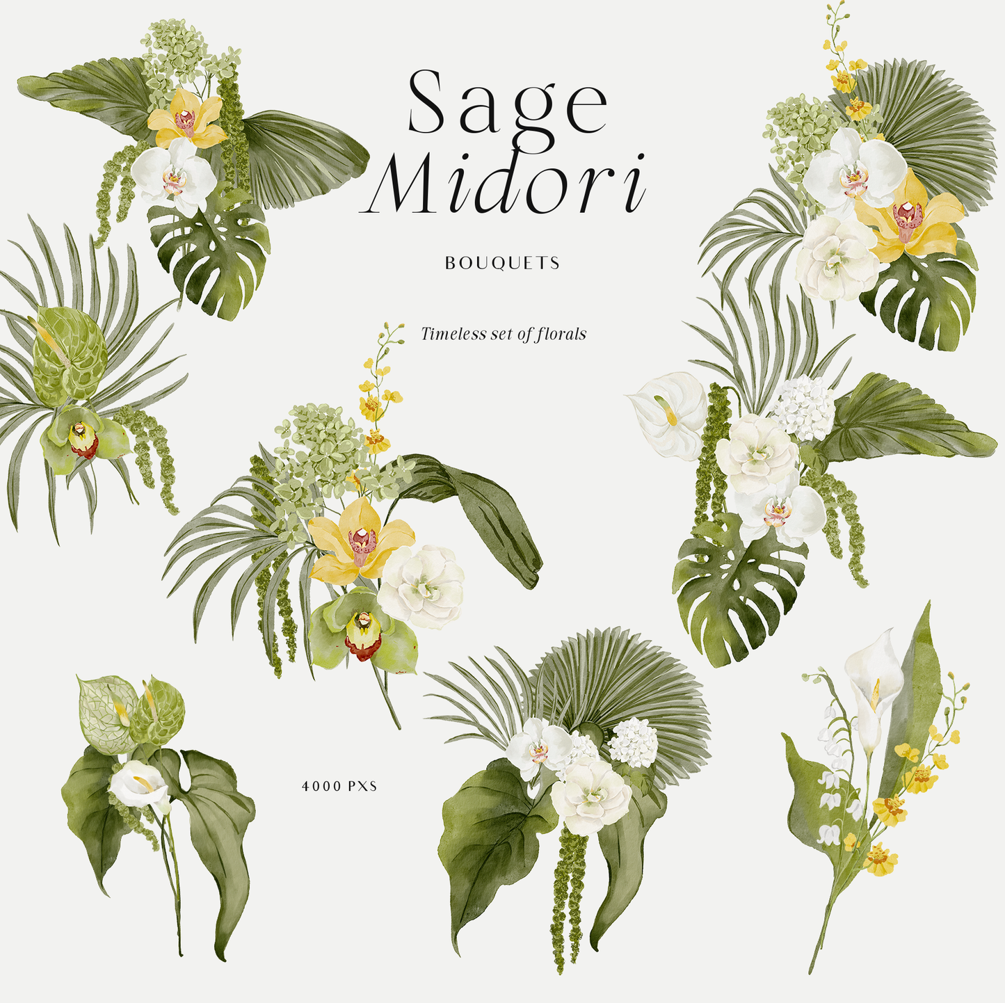 Watercolor green tropical flowers clipart with monsteras Orchids white roses