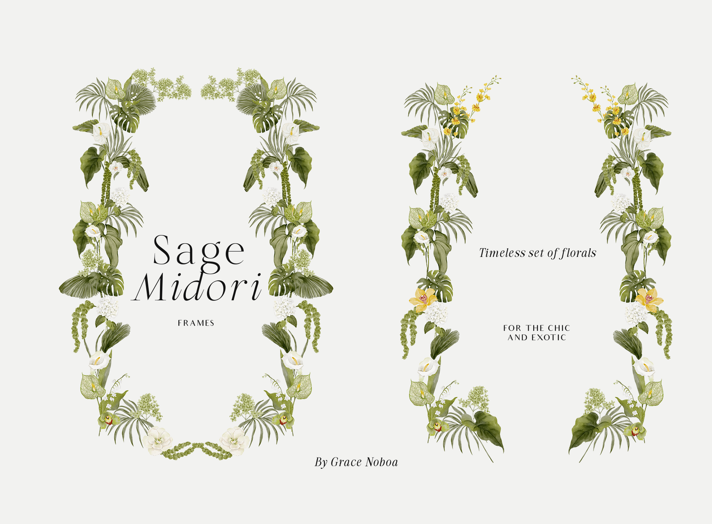 Watercolor green tropical flowers clipart with monsteras Orchids white roses