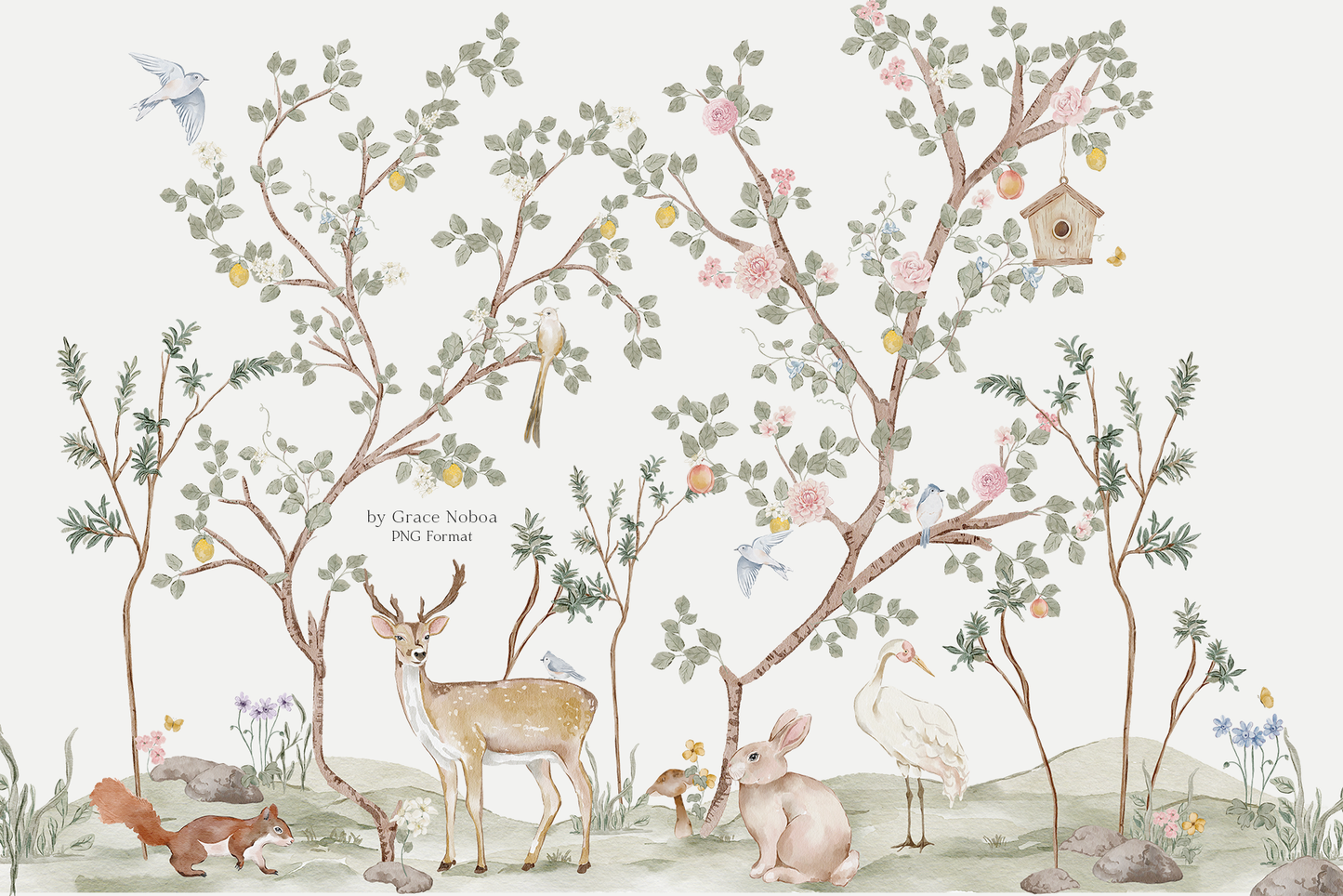 Watercolor woodland chinoiserie collection