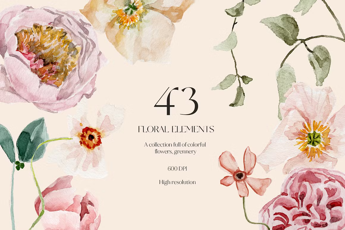 Spring summer flowers watercolor set