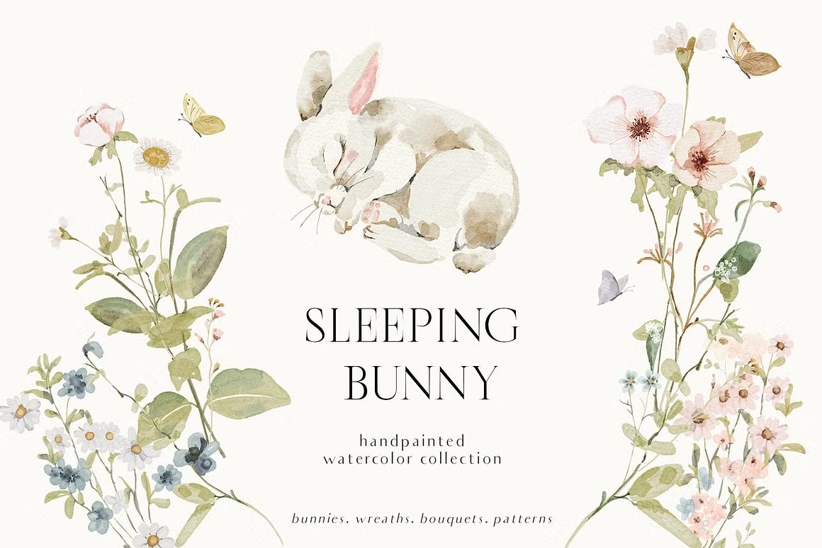 Watercolor Bunny & Wildflowers set