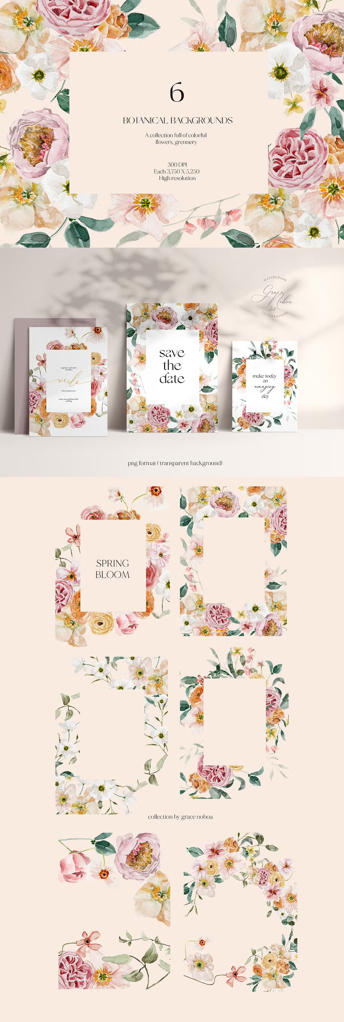 Spring summer flowers watercolor set