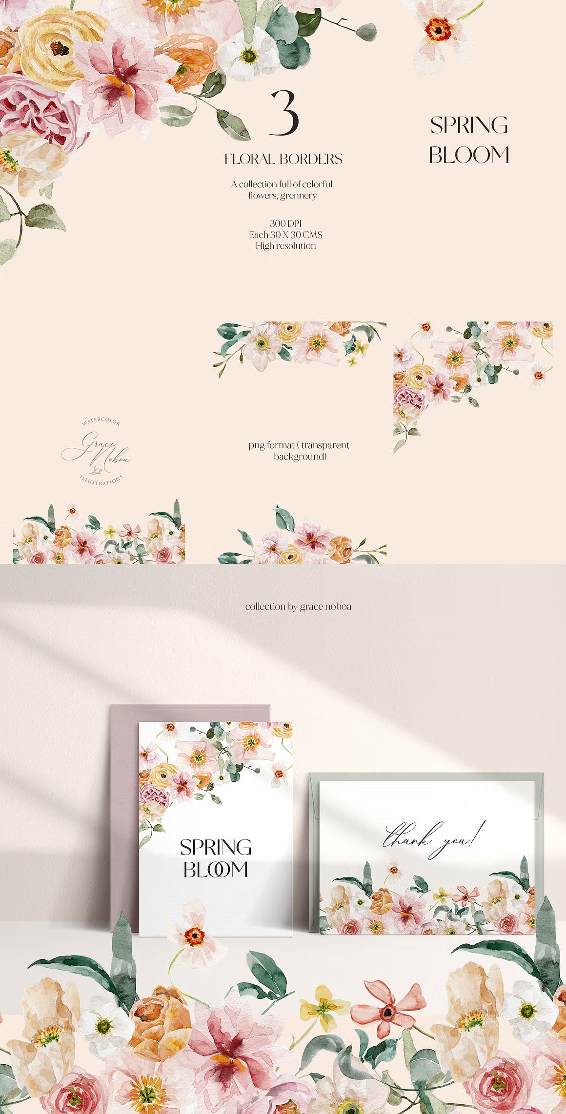 Spring summer flowers watercolor set