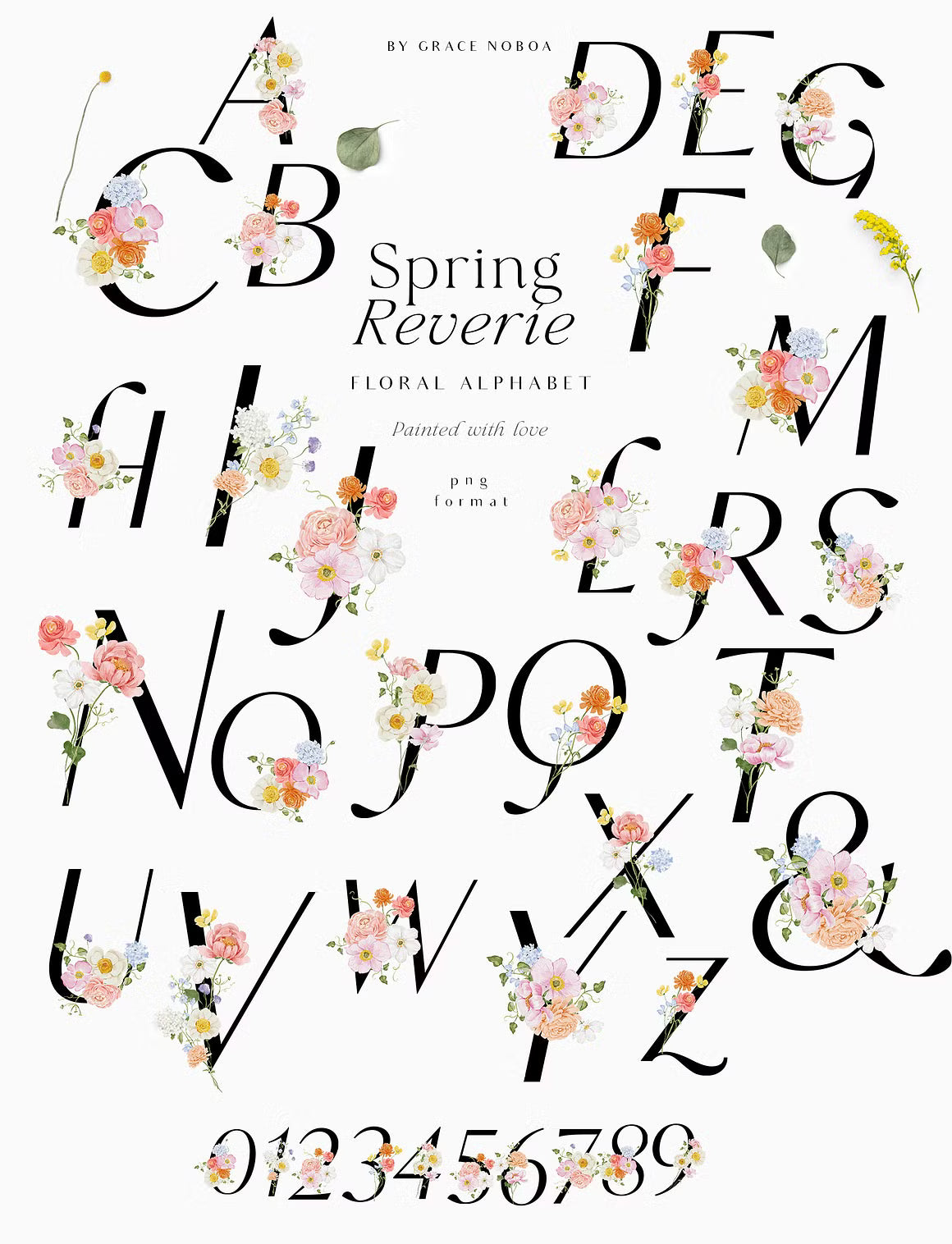 watercolor spring summer garden flowers set