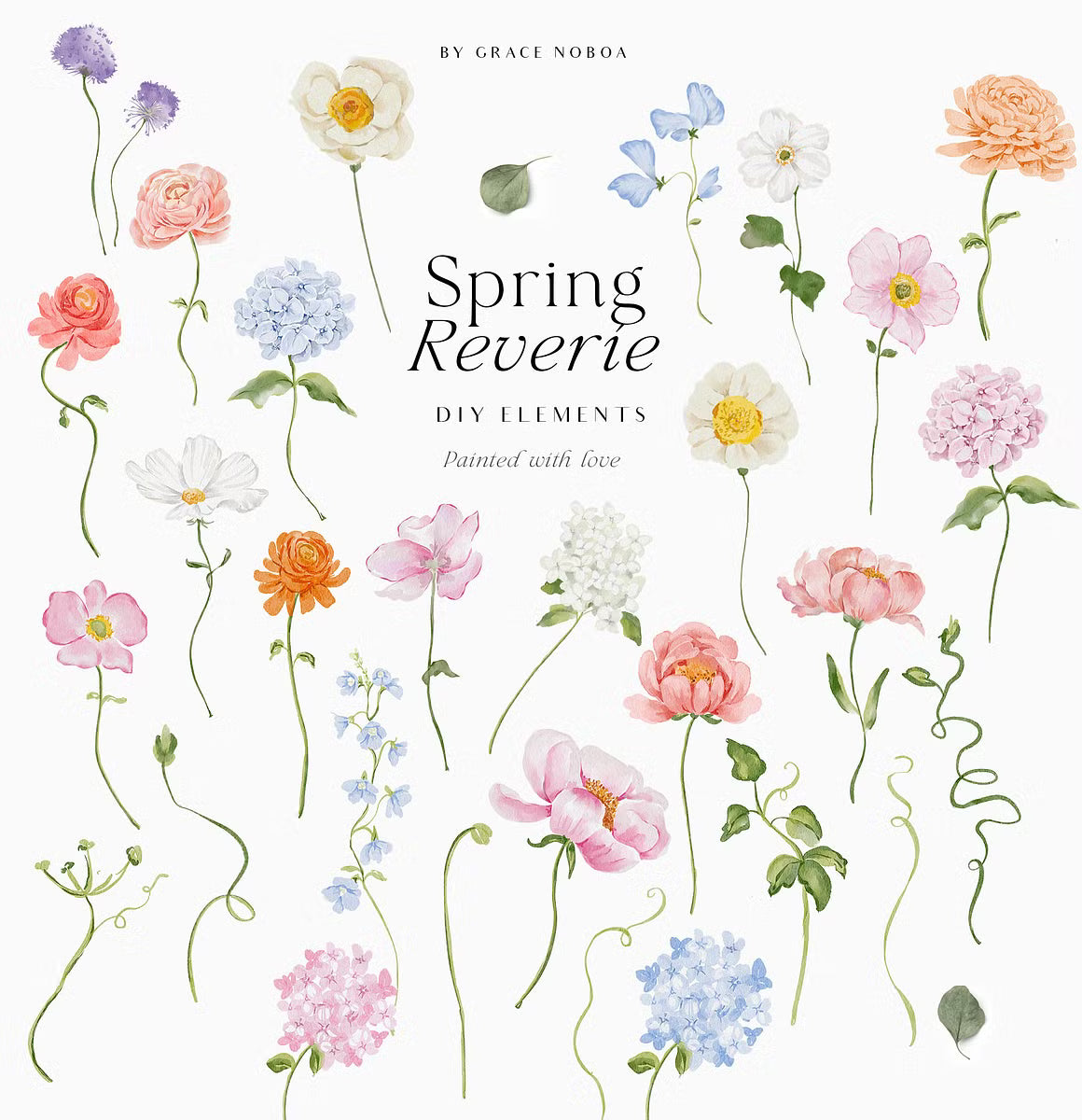 watercolor spring summer garden flowers set