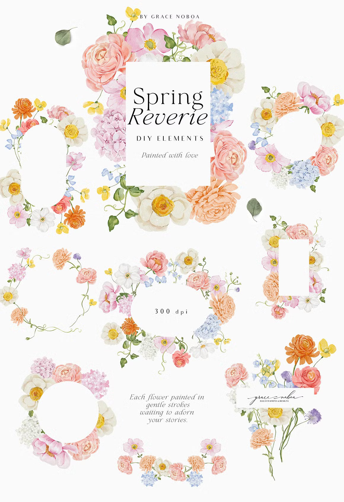 watercolor spring summer garden flowers set