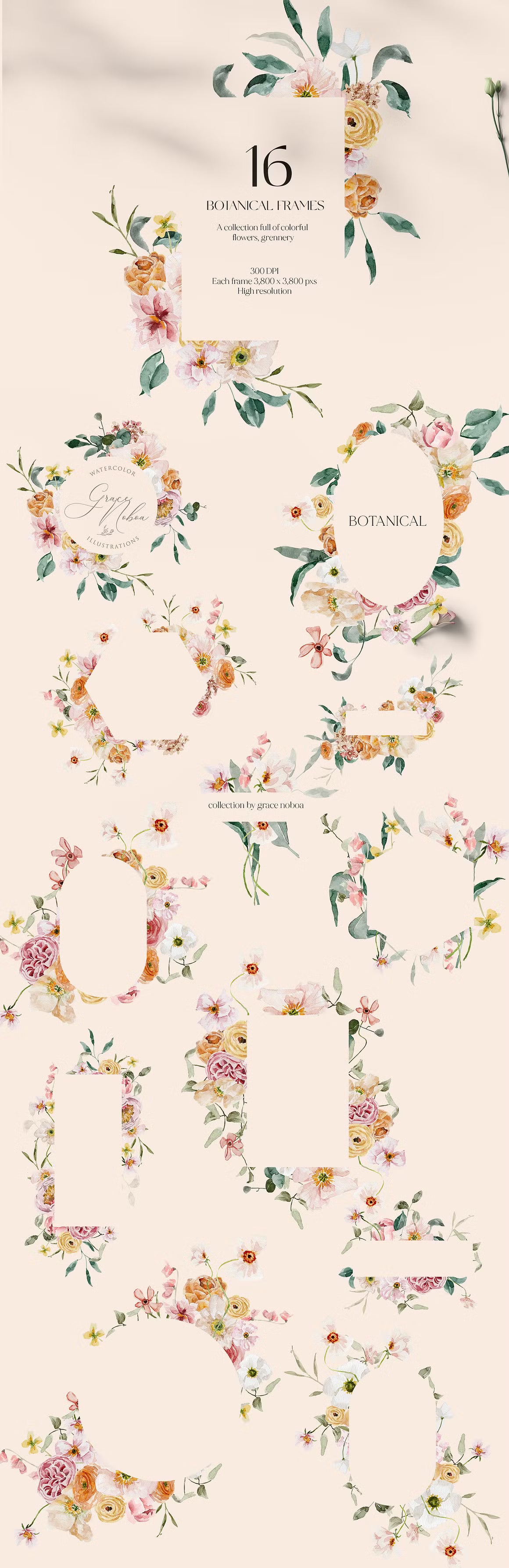 Spring summer flowers watercolor set