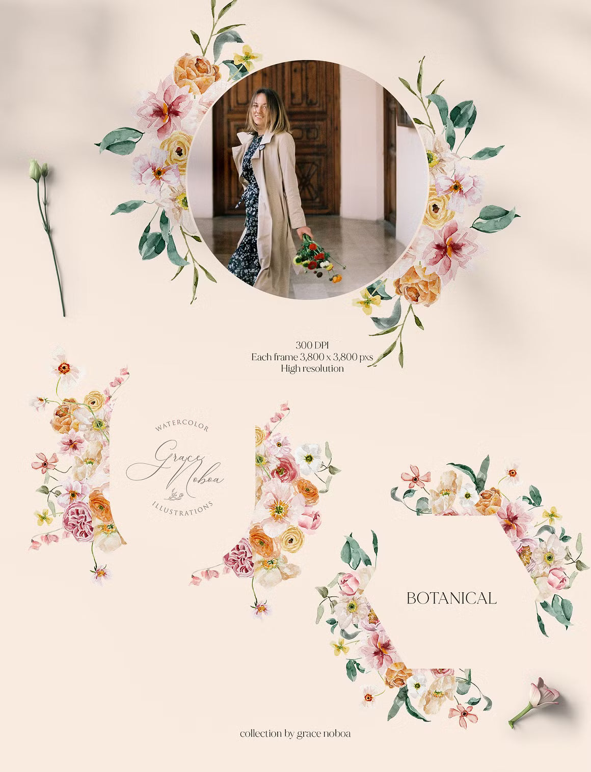 Spring summer flowers watercolor set