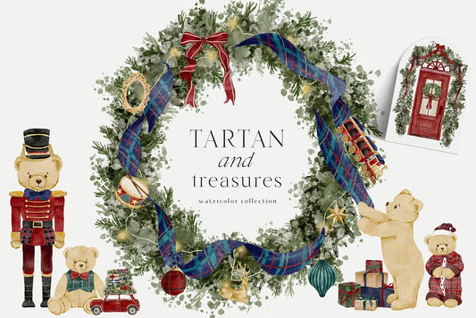 Watercolor classic tartan christmas santa claus nutcracker teddy bears