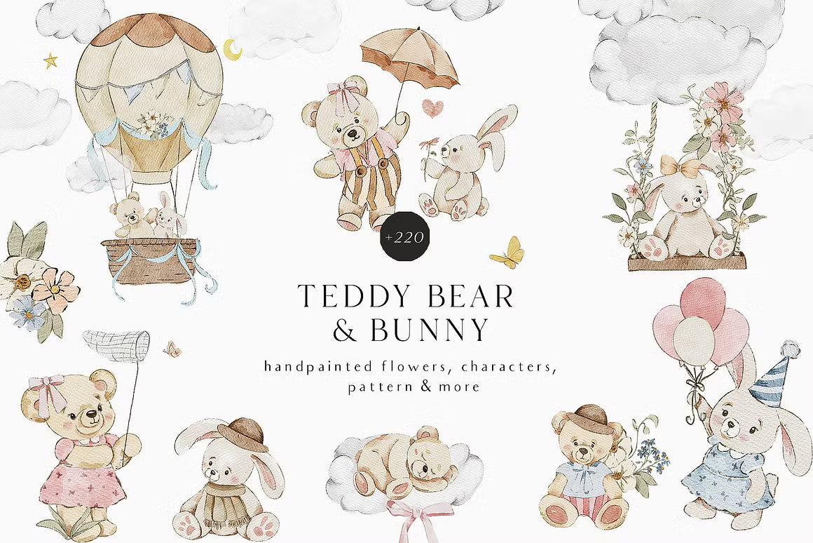 Teddy Bear & Bunny Watercolor spring illustrations