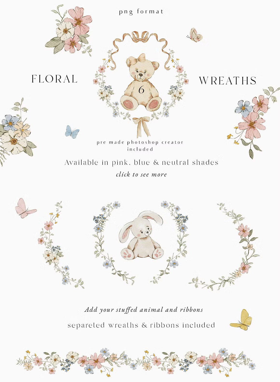Teddy Bear & Bunny Watercolor spring illustrations