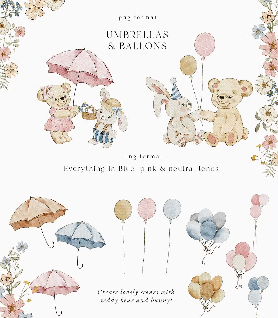 Teddy Bear & Bunny Watercolor spring illustrations