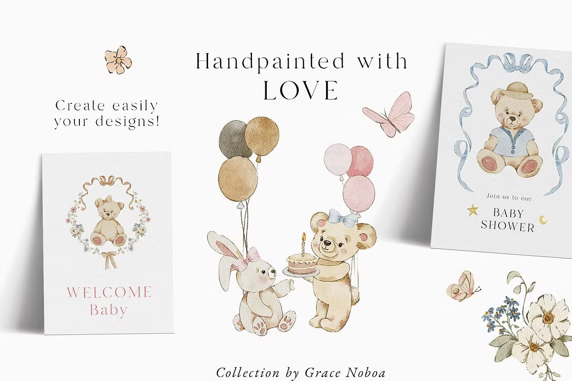 Teddy Bear & Bunny Watercolor spring illustrations