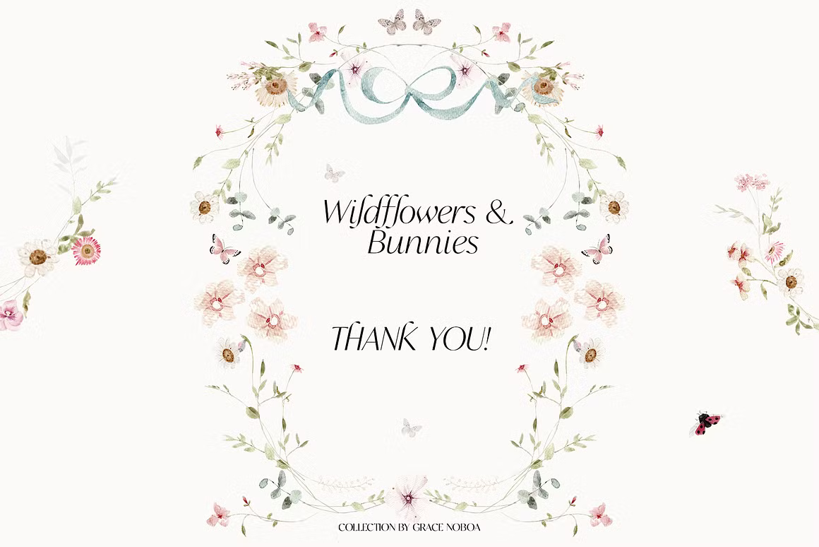 Watercolor wildflowers & Bunnies Set