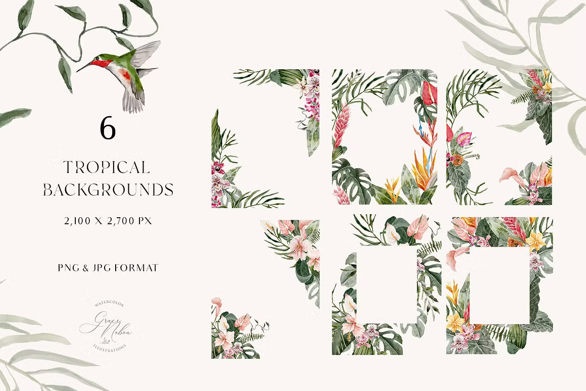 Tropical Summer Exotic floral clipart set