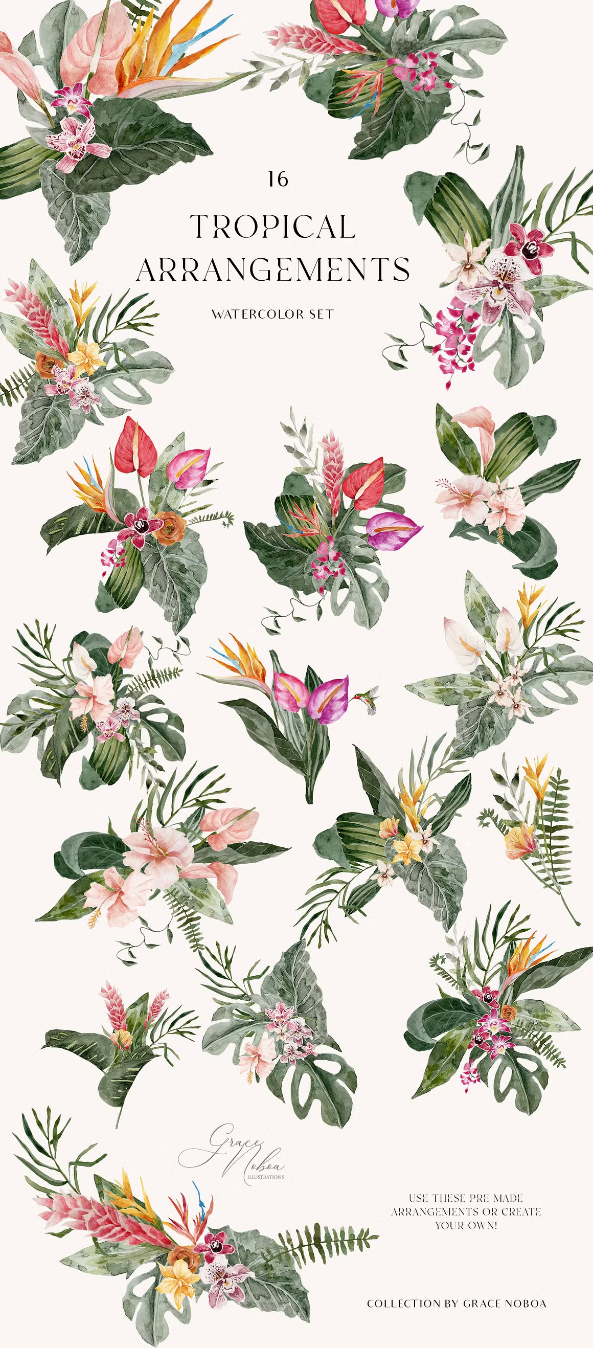 Tropical Summer Exotic floral clipart set