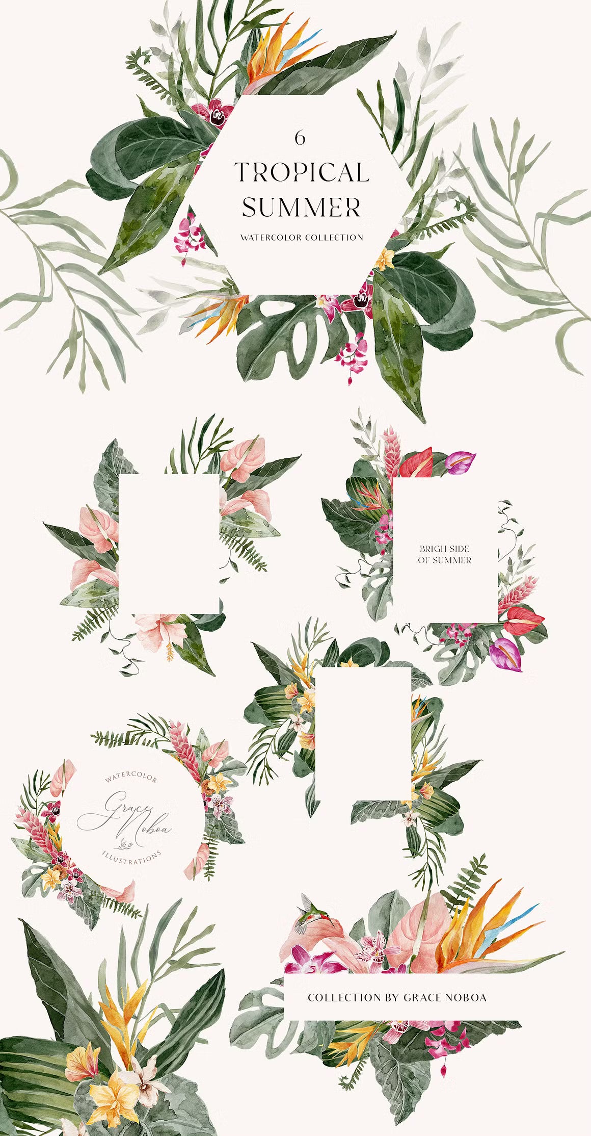 Tropical Summer Exotic floral clipart set