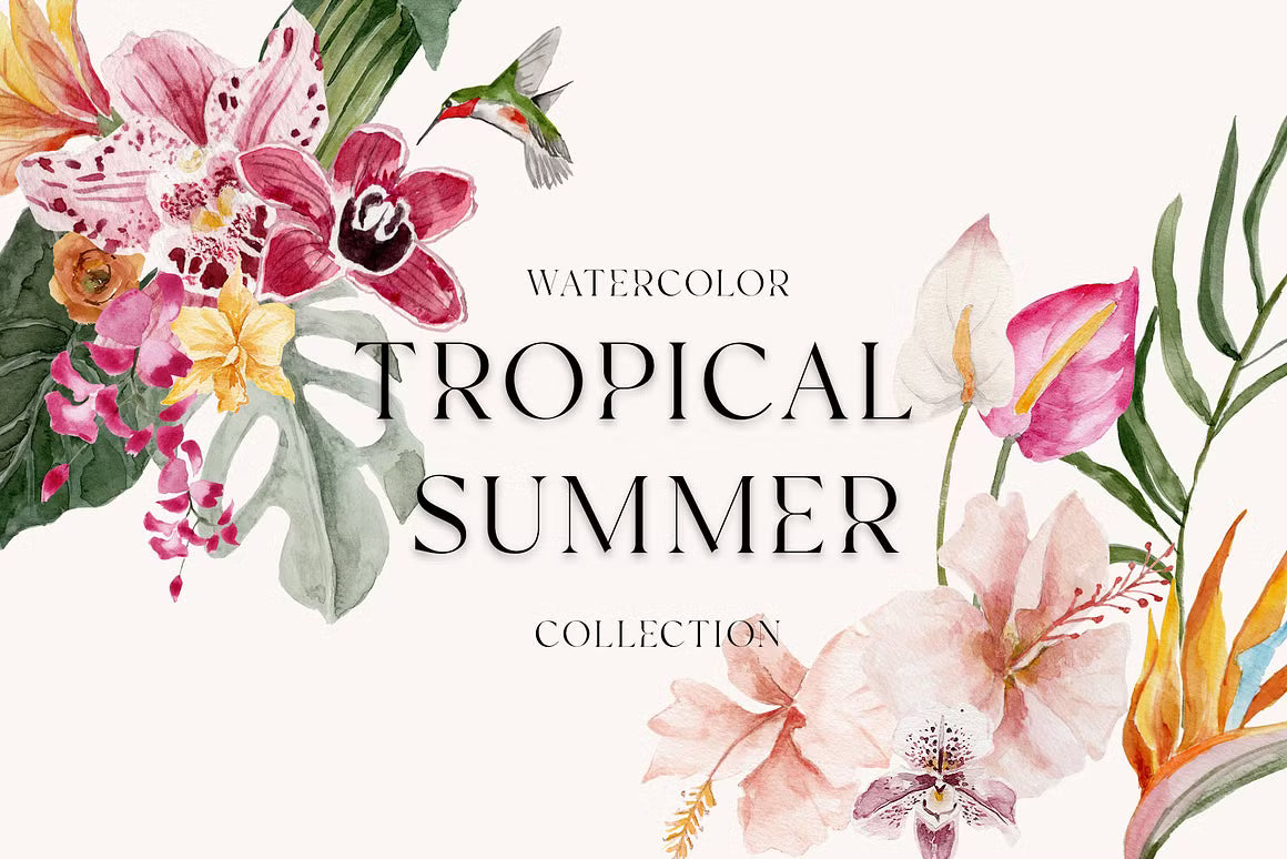 Tropical Summer Exotic floral clipart set