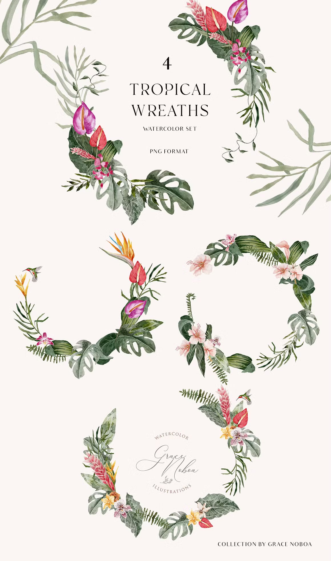 Tropical Summer Exotic floral clipart set