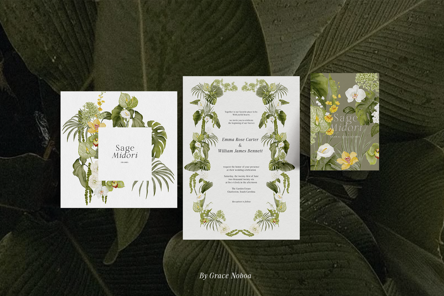Watercolor green tropical flowers clipart with monsteras Orchids white roses