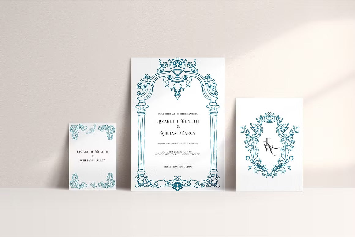 Blue Victorian vintage Line art set vector clipart