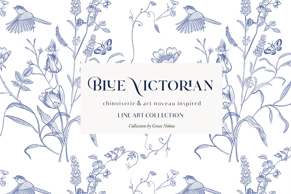 Blue Victorian & Chinoiserie line art set