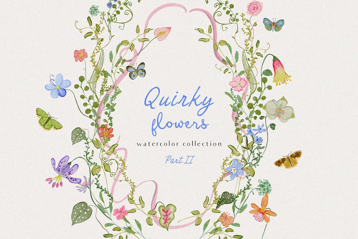 Hand-drawn quirky colorful whimsy wildflowers