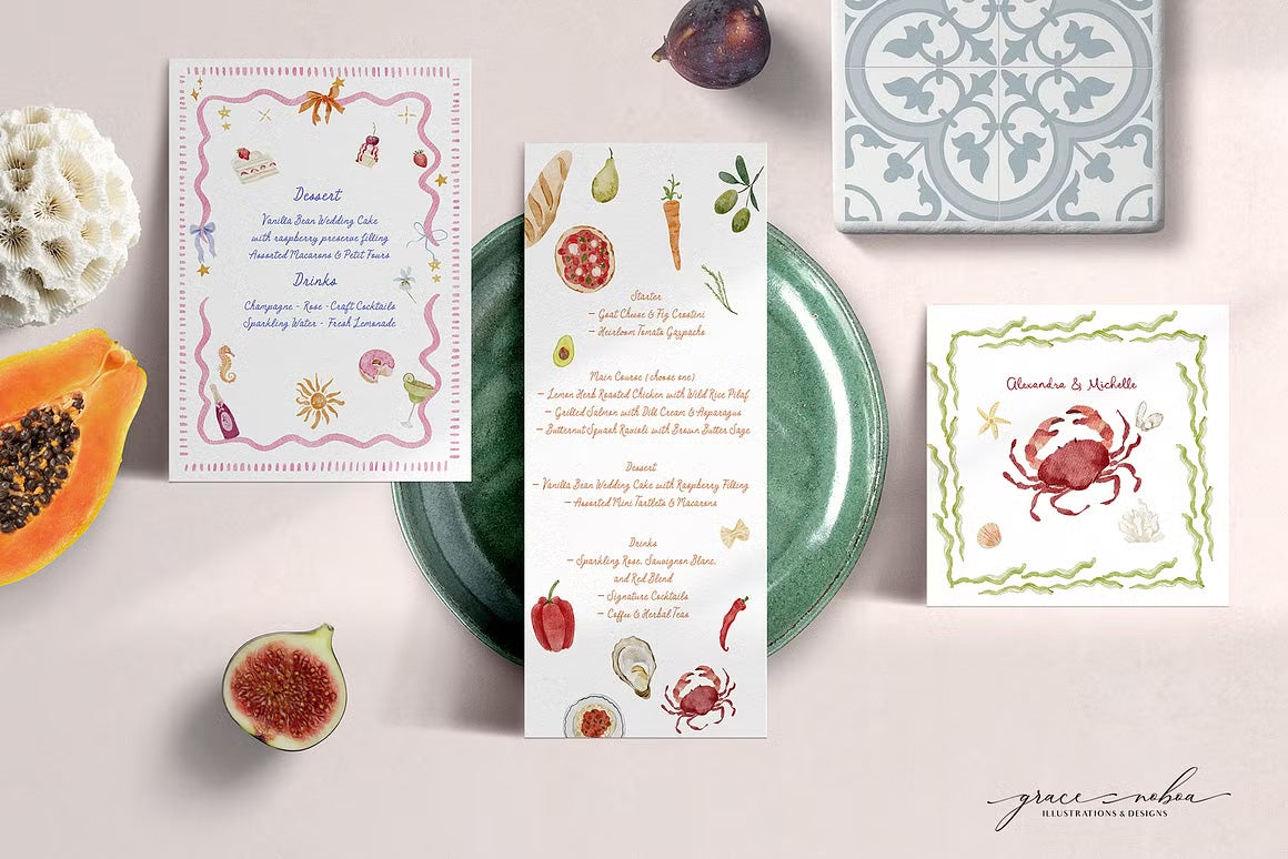 Handmade summer spring quirky icons dolce vita whimsical wedding cliparts