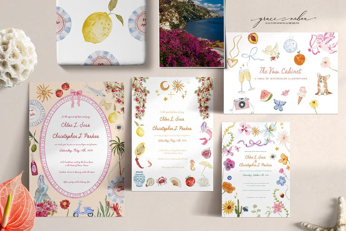 Handmade summer spring quirky icons dolce vita whimsical wedding cliparts