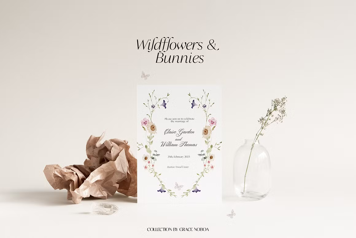 Watercolor wildflowers & Bunnies Set