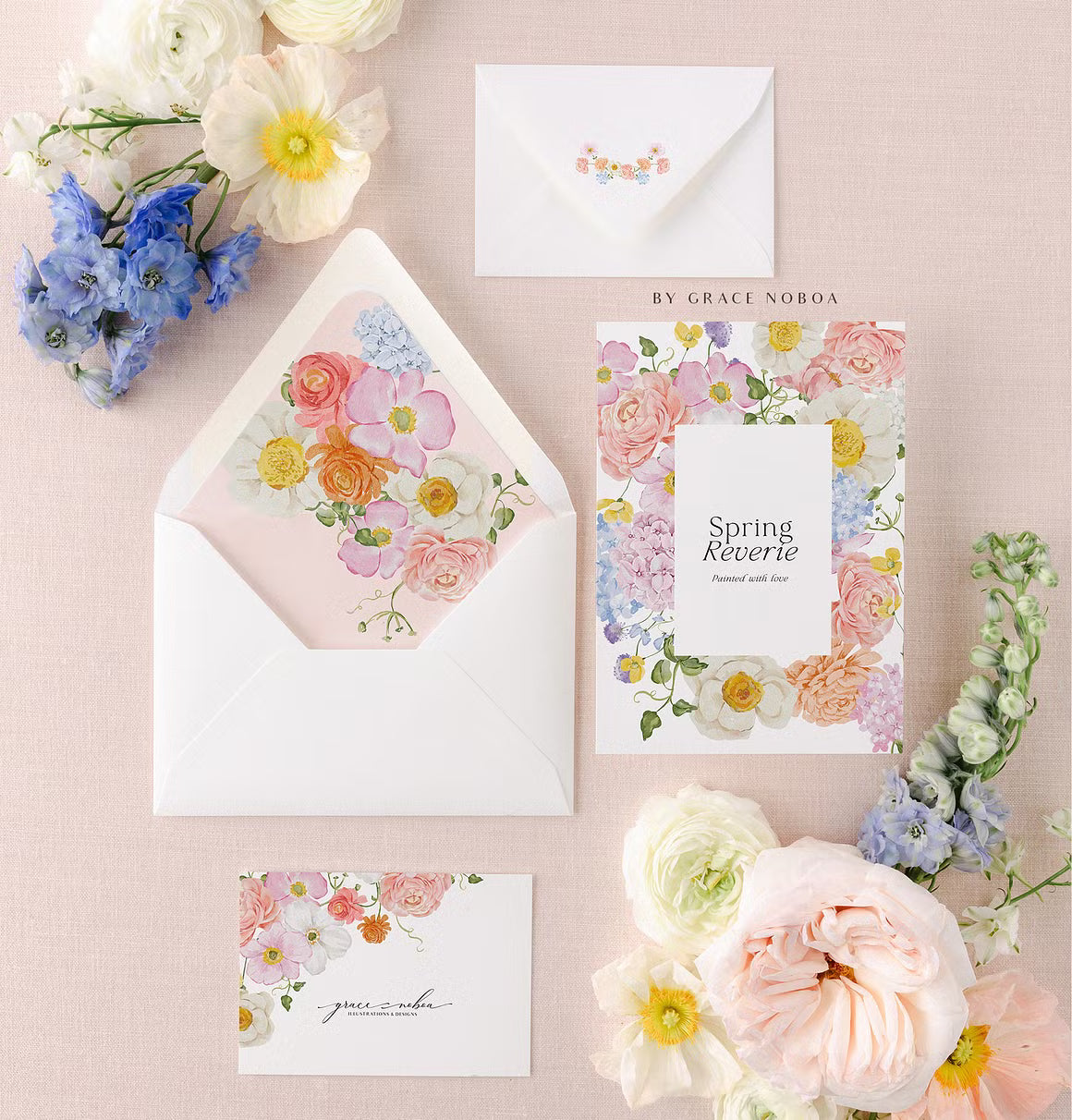 watercolor spring summer garden flowers set