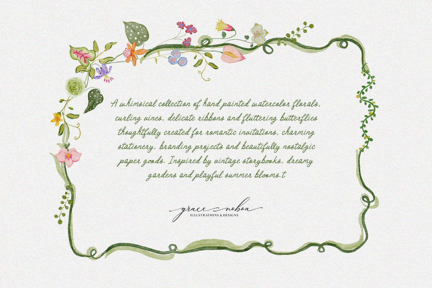 Watercolor quirky and whimsical summer spring flowers for fun and colorful stationary