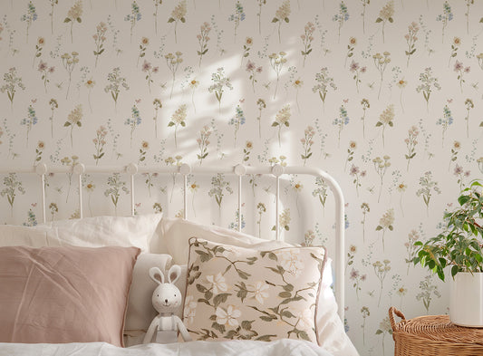 Watercolor Cottage core wildflowers delicate floral pattern for textile, wallpapers, backgrounds