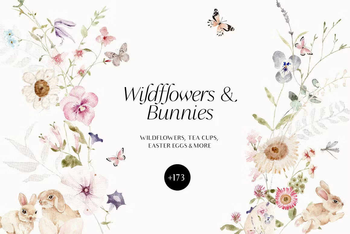 Watercolor wildflowers & Bunnies Set