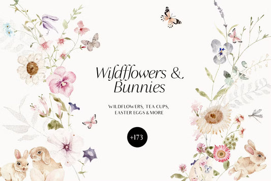 Watercolor wildflowers & Bunnies Set