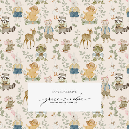 Baby Watercolor woodland cottage vintage pattern, wallpaper, background for kids clothing