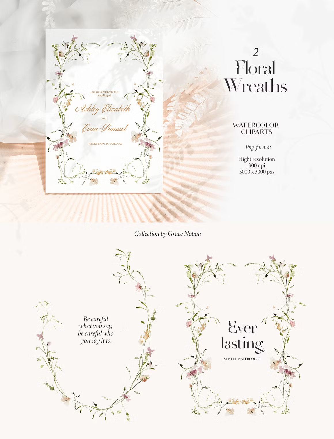 Subtle delicate peach & pink flowers watercolor clipart