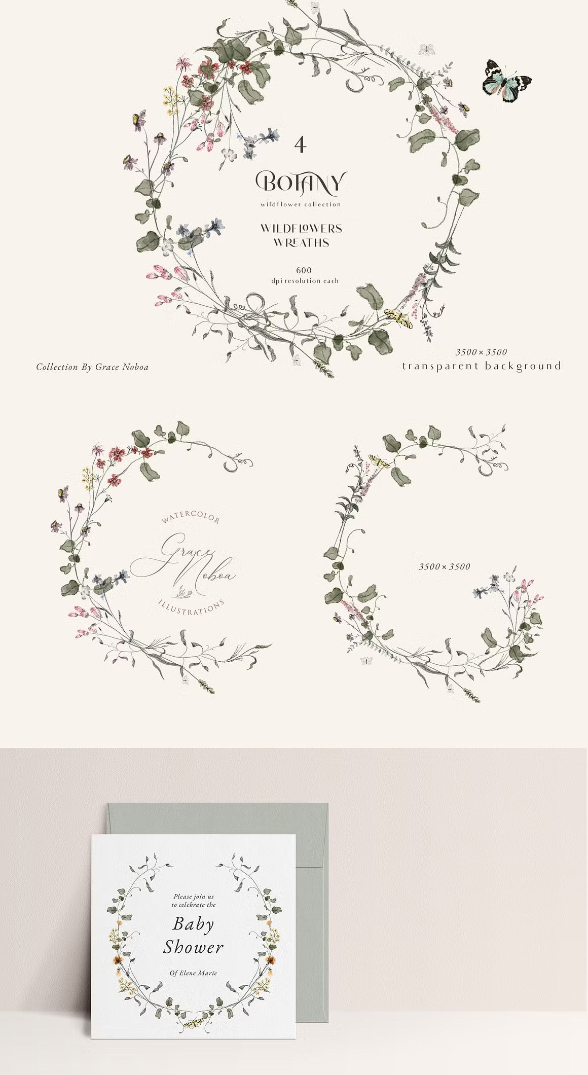 Botanical Wildflower tiny flowers set neutral muted tones clipart