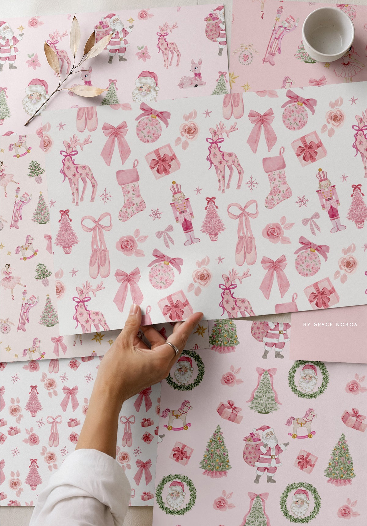Watercolor grandmillenial pink christmas chinoiserie holiday pattern santa claus