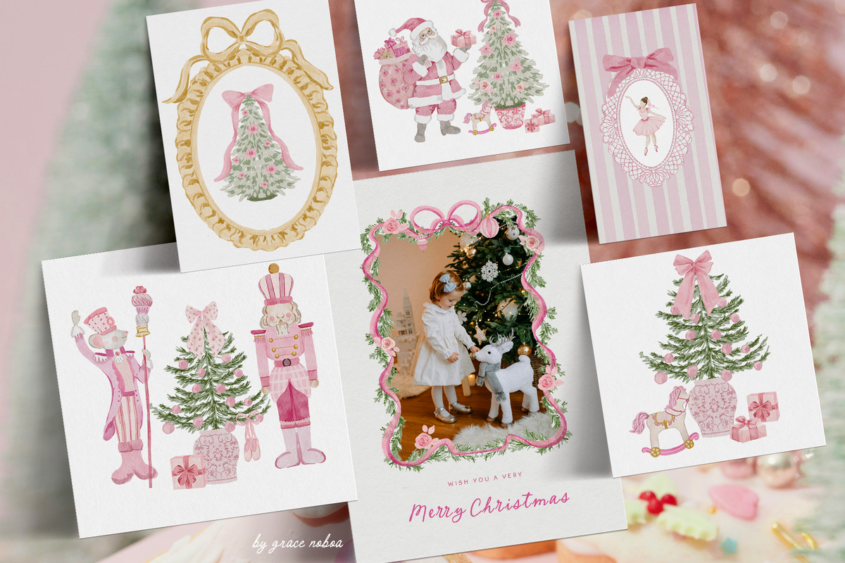 Pink Christmas coquette floral santa claus, grandmillenial holiday